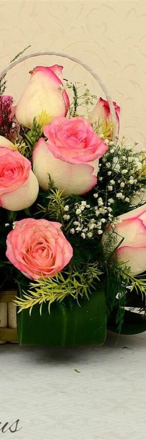 Beautiful Pink Roses Basket With Silk