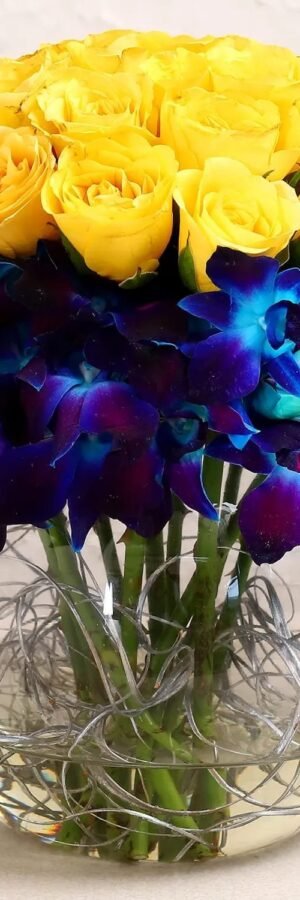Blue Orchids and Yellow Roses Arrangement
