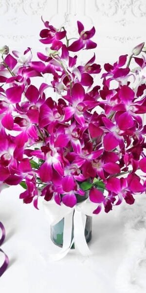 Bouquet of Purple Orchids in Glass vase