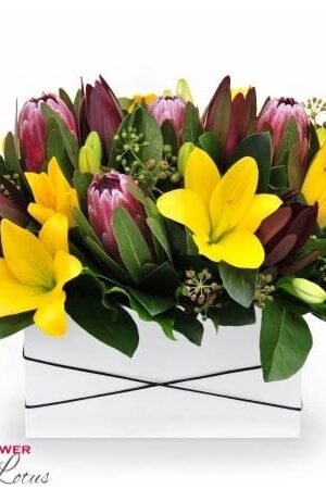 Box of Australian natives and Yellow Lilies