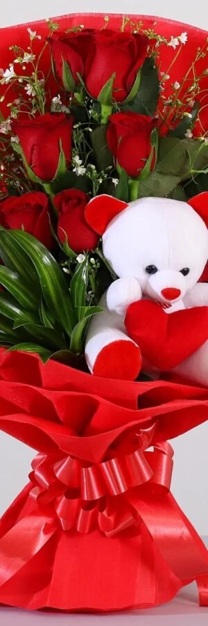 Bunch of 6 red roses & teddy bear arrangement