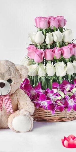 Dazzling Floral Basket With Teddy
