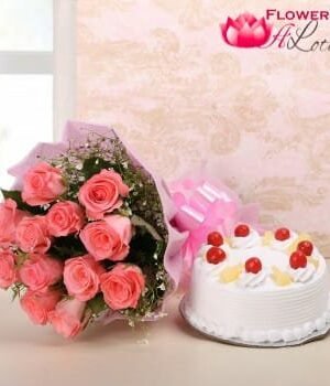 Fresh Pink Roses N Cake