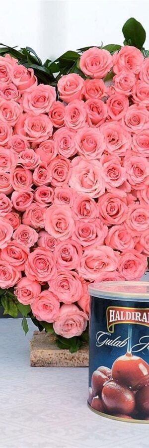 Gulab Jamun With Heart of Pink Rose Basket