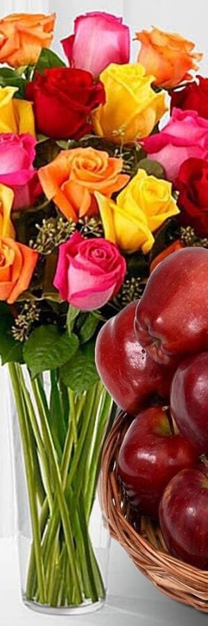 Multicolour Roses In A Vase With Apple Basket