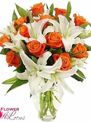 Orange Roses N White Lilies In A Vase
