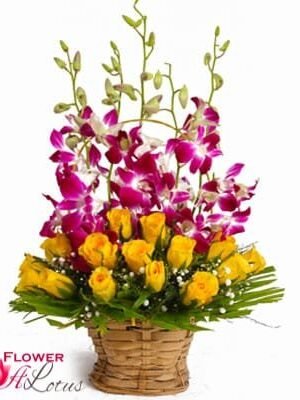 Orchid N Yellow Roses Basket