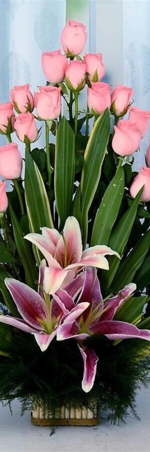 Pink Basket of Roses & Lily