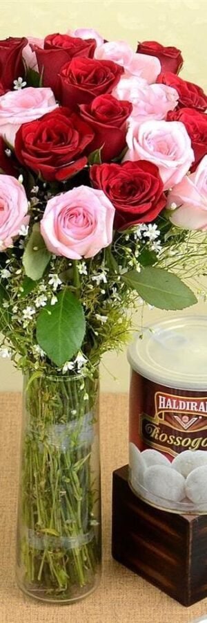 Red & Pink Roses in Glass Vase with Rasgulla