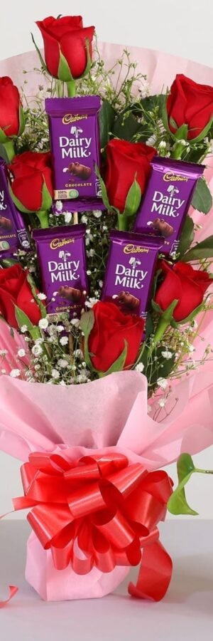 Red Roses Bunch With Money Plant & Chocolates