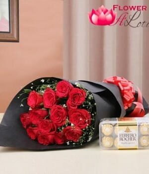 Red Roses In Black Paper With Rocher