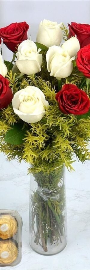 Rocher with Red and White Roses
