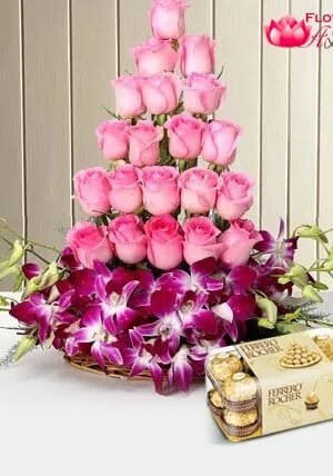 Roses N Orchids Basket With Rocher