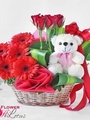 Sweet Teddy N Flower Basket