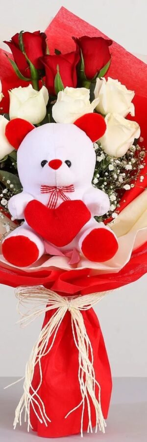 Teddy with red and white roses bouquet