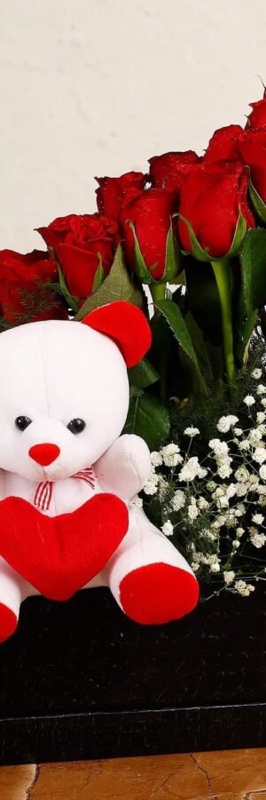 Teddy with red rose in a beautiful  black box
