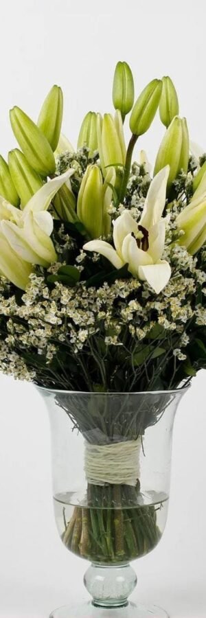 White Lilies & White Limoniums Glass Vase