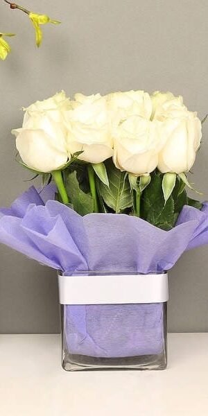 White Roses In A Square Vase